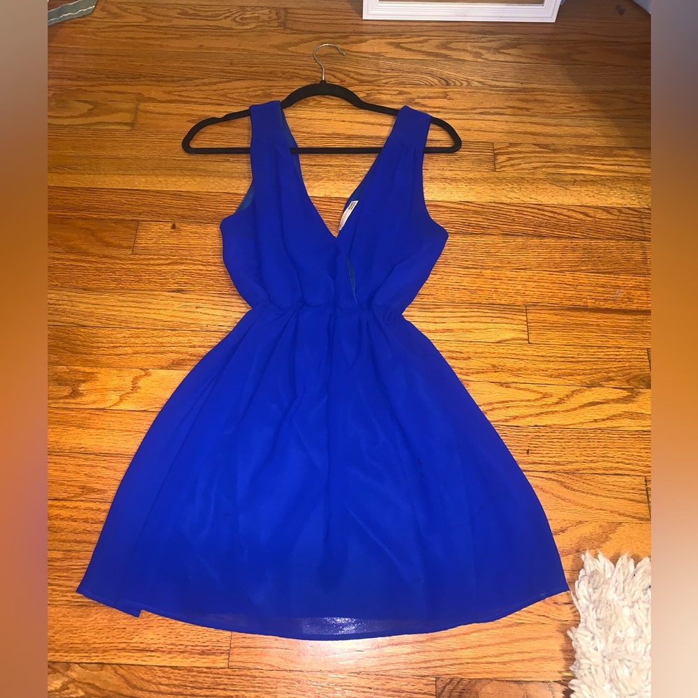 Royal blue, V-neck, mini dress.